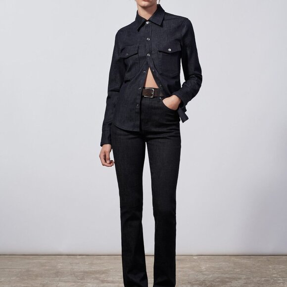 Dark Denim Zara Snap-Front Woven Long Sleeve Jean Top (NWT) - Picture 2 of 7